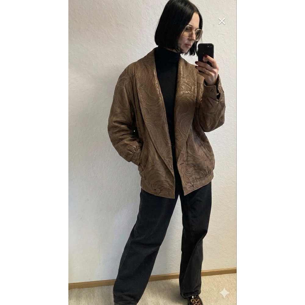 Vintage Leather Somper BH Brown Embossed Oversized Jacket Anne Klein L